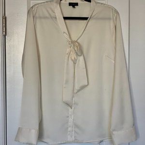The Limited Blouse- Cream Satiny Bow-Neck Button Down